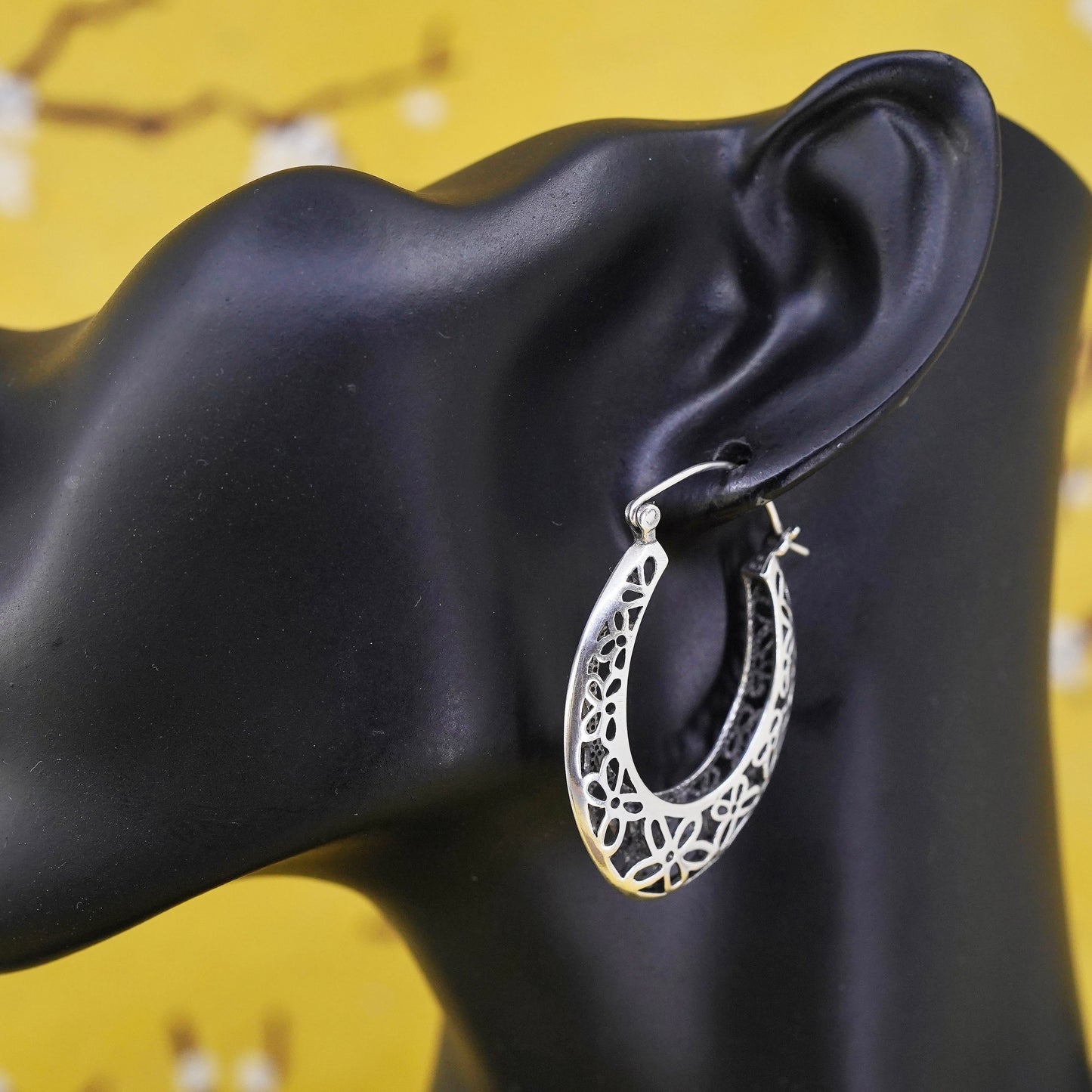 1.75", VTG Sterling silver filigree earrings, 925 handmade oval huggie hoops