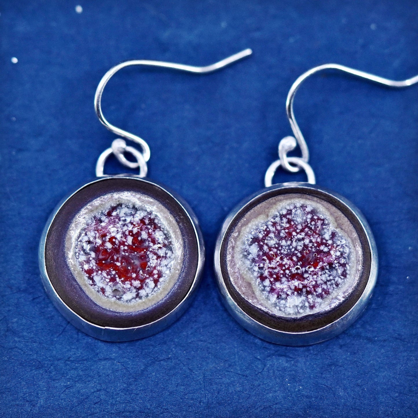 Vintage sterling 925 silver handmade earrings with round artisan stone
