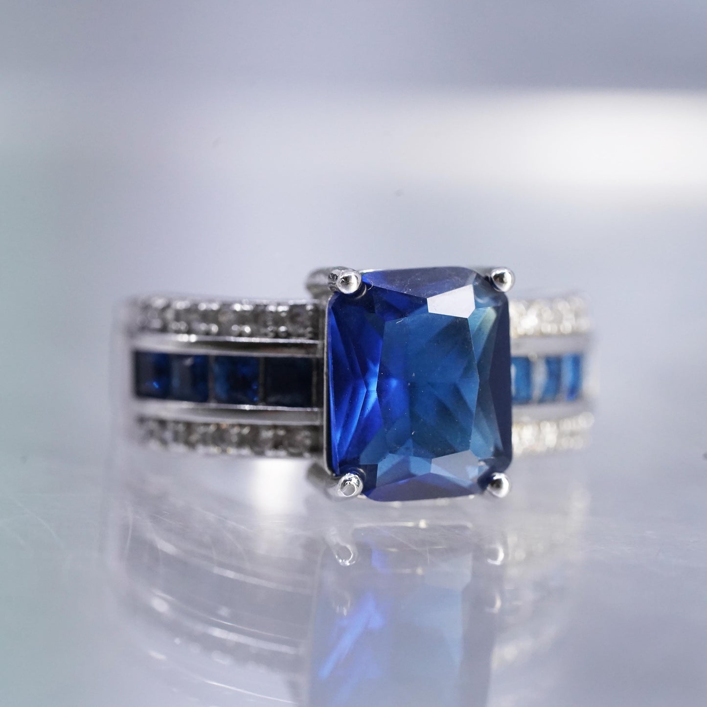 size 6, Sterling Silver Ring, 925 Ring emerald cut blue Sapphire glass cz