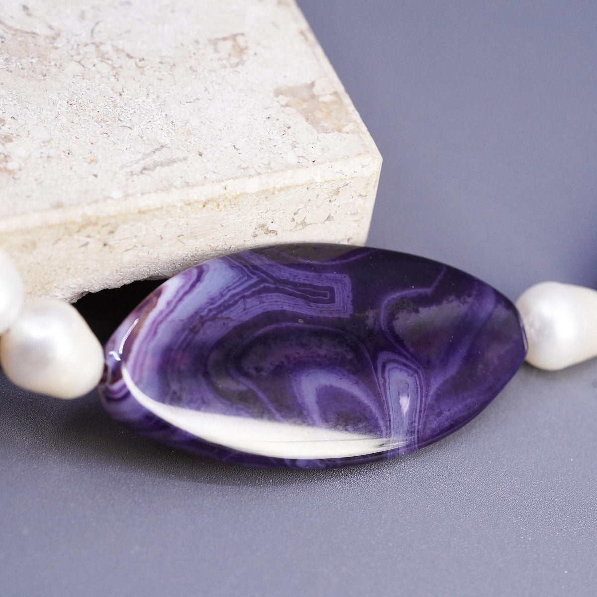 18+2", vintage Sterling 925 silver necklace 9mm freshwater pearls purple agate