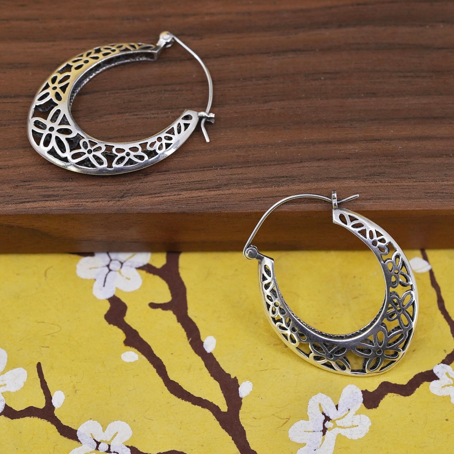 1.75", VTG Sterling silver filigree earrings, 925 handmade oval huggie hoops