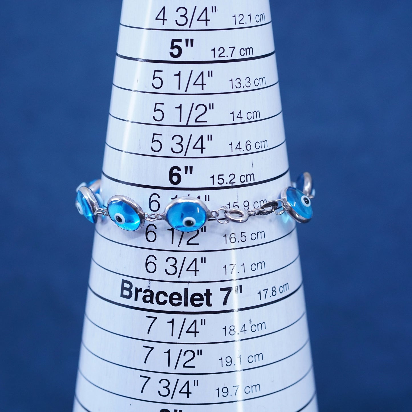 6.5”, Vintage handmade sterling 925 silver bracelet, blue glass evil eye beads