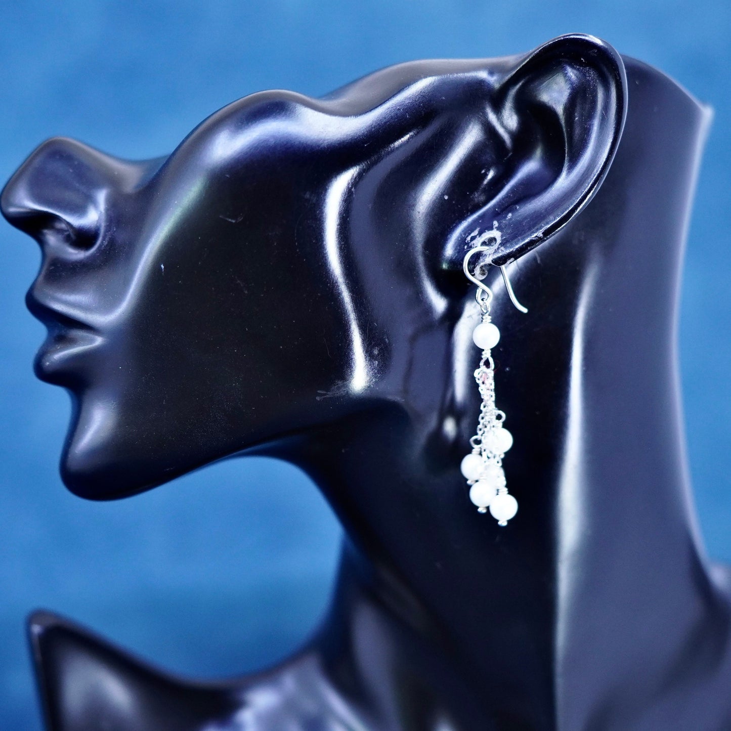Vintage Sterling silver handmade earrings, 925 fringe with cluster pearl