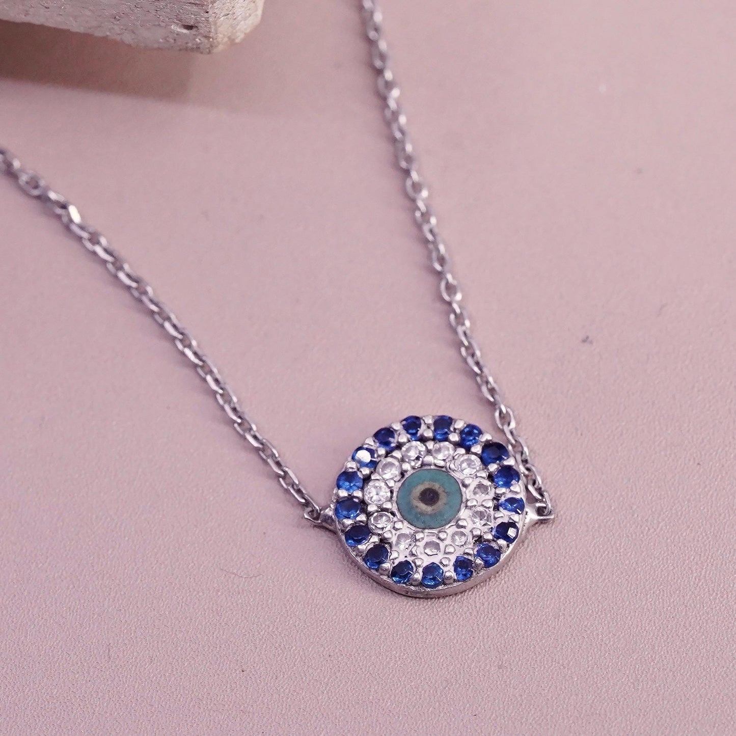7.25”, Vintage handmade sterling silver bracelet, cluster cz evil eye charm