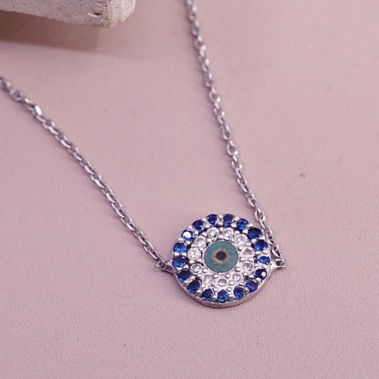 7.25”, Vintage handmade sterling silver bracelet, cluster cz evil eye charm