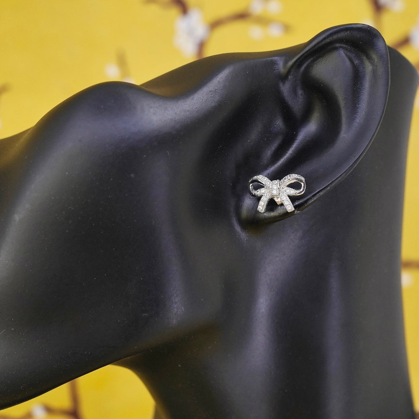 Vintage Sterling silver cluster clear crystal ribbon bow tie studs, cz earrings
