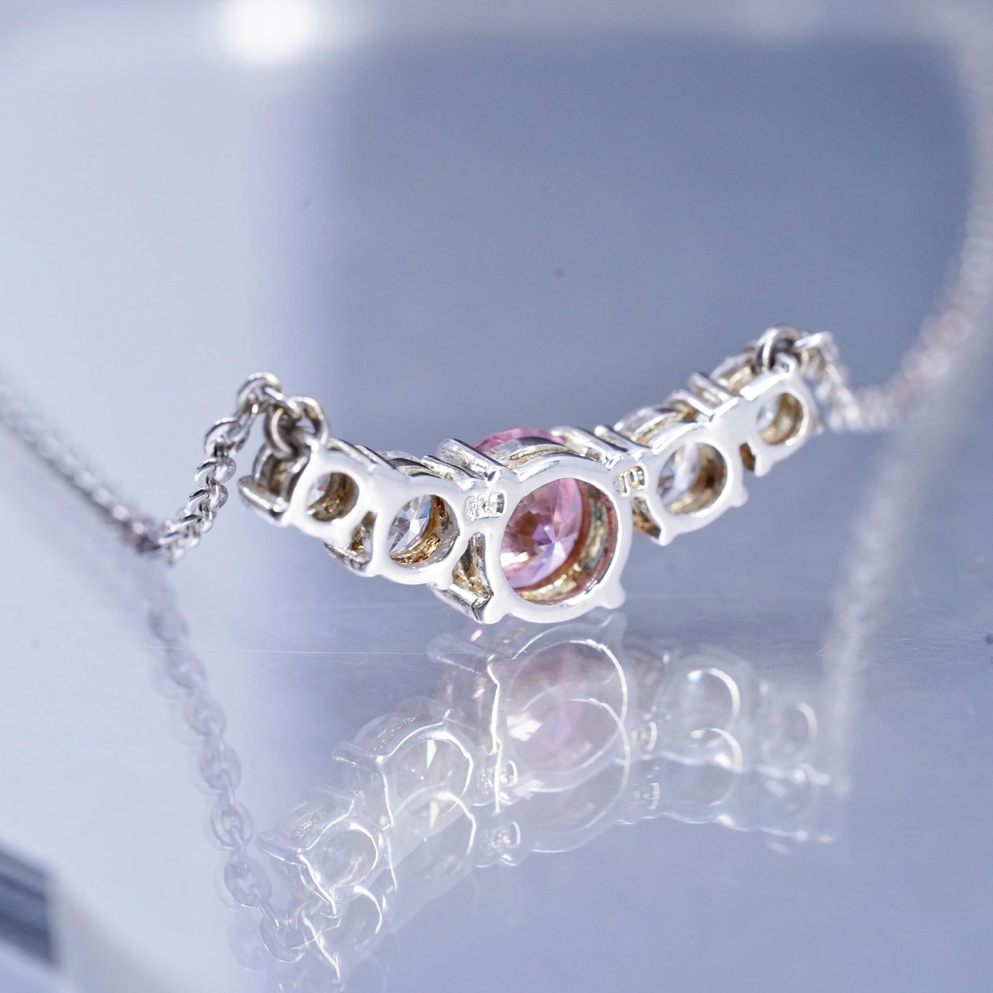 18+3", Vintage sterling 925 silver necklace, rope chain w/ pink crystal pendant