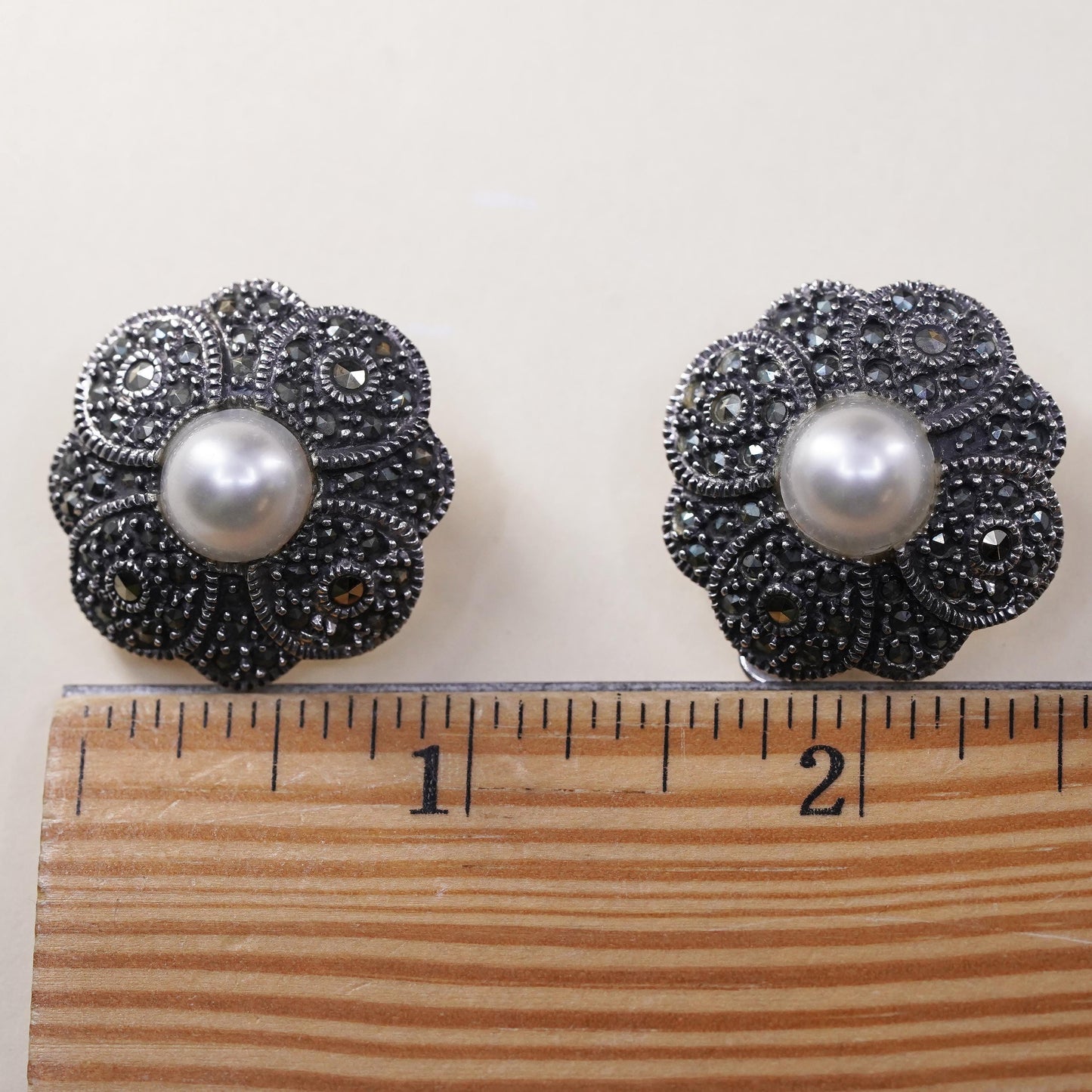 Sterling 925 silver filigree clip on earrings with pearl and cluster marcasite