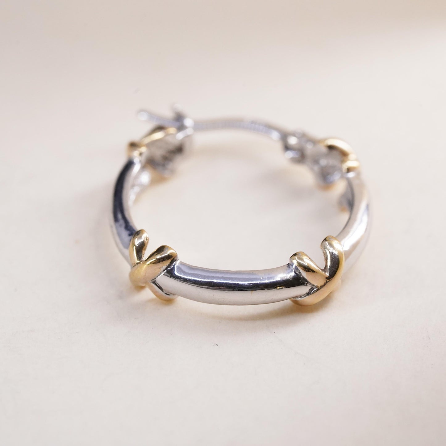 0.75", Vintage two tone sterling silver loop single earring, hoop with cross