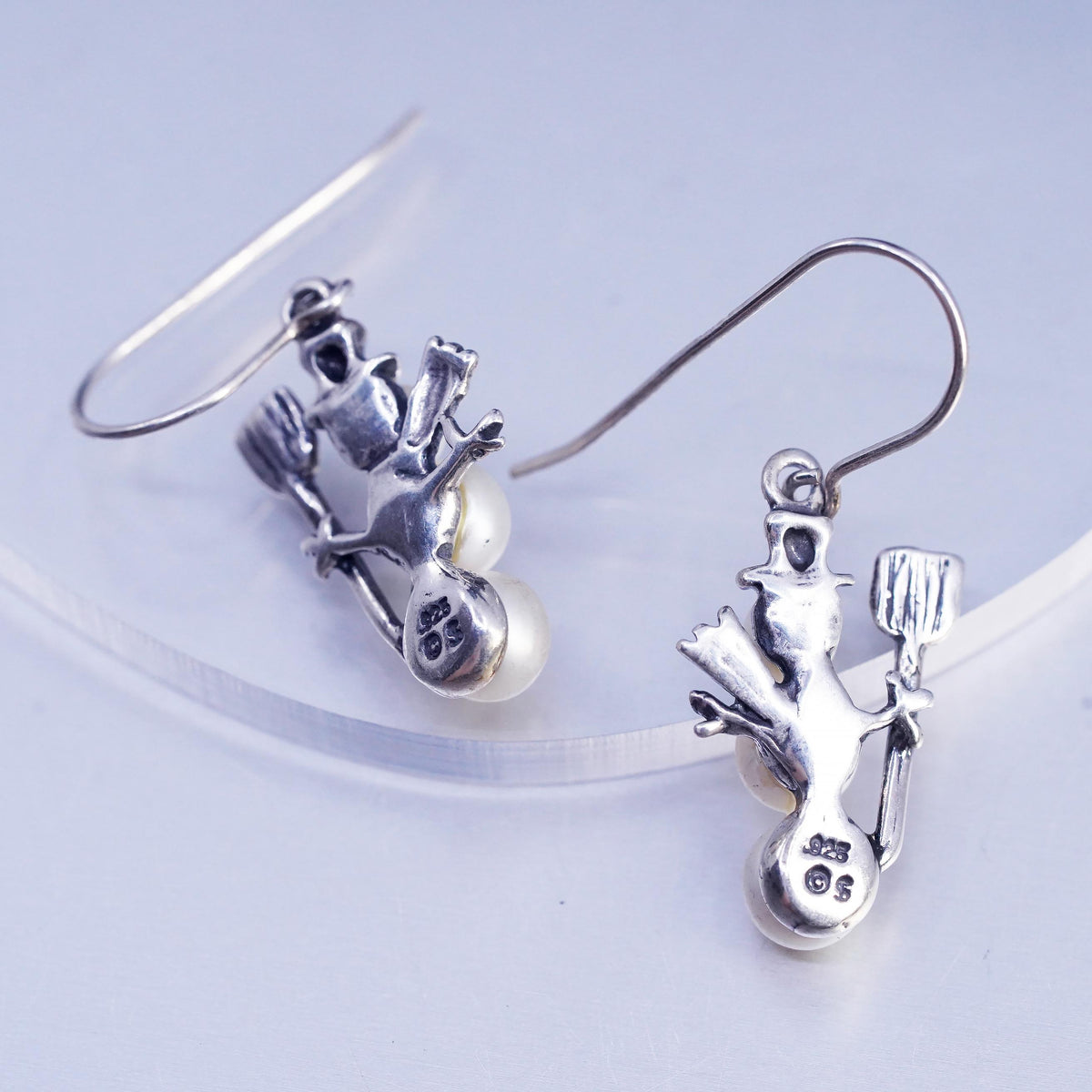 Vintage 925 Sterling Silver Snowman Earrings with Triple-Drop Pearl