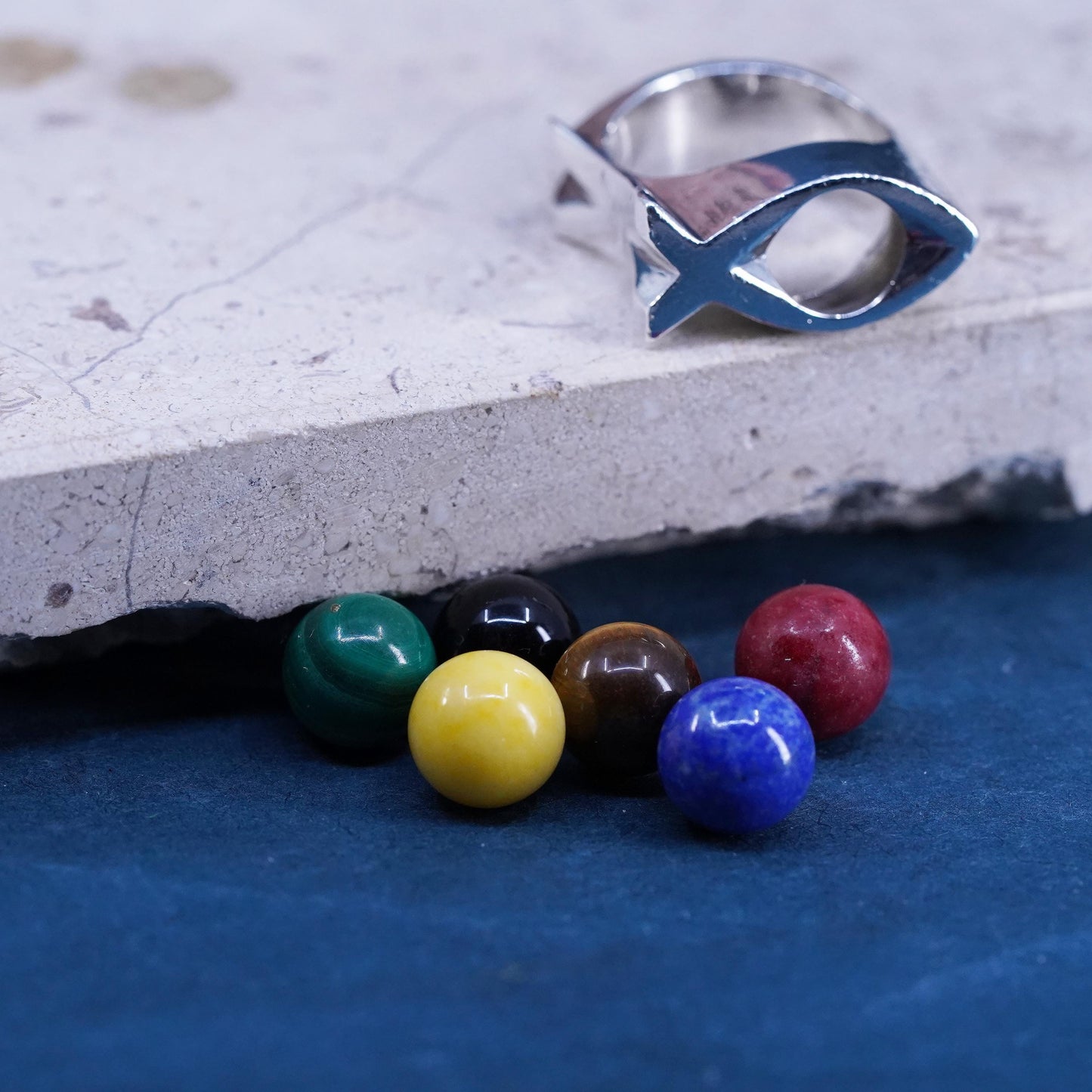 SZ 8, VTG Sterling 925 silver interchangeable fish ring, malachite lapis coral