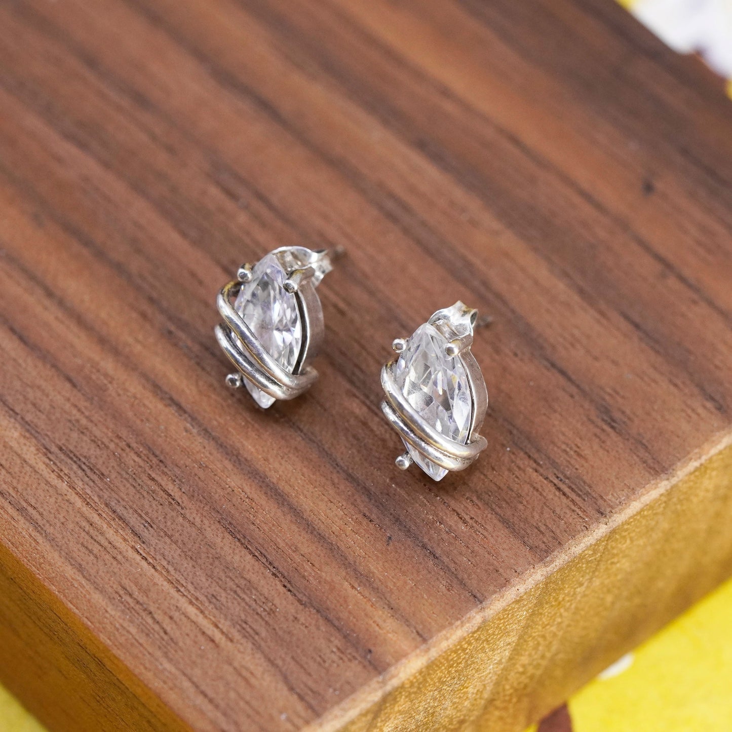 vintage Sterling silver 925 clear marquise shaped crystal studs, cz earrings