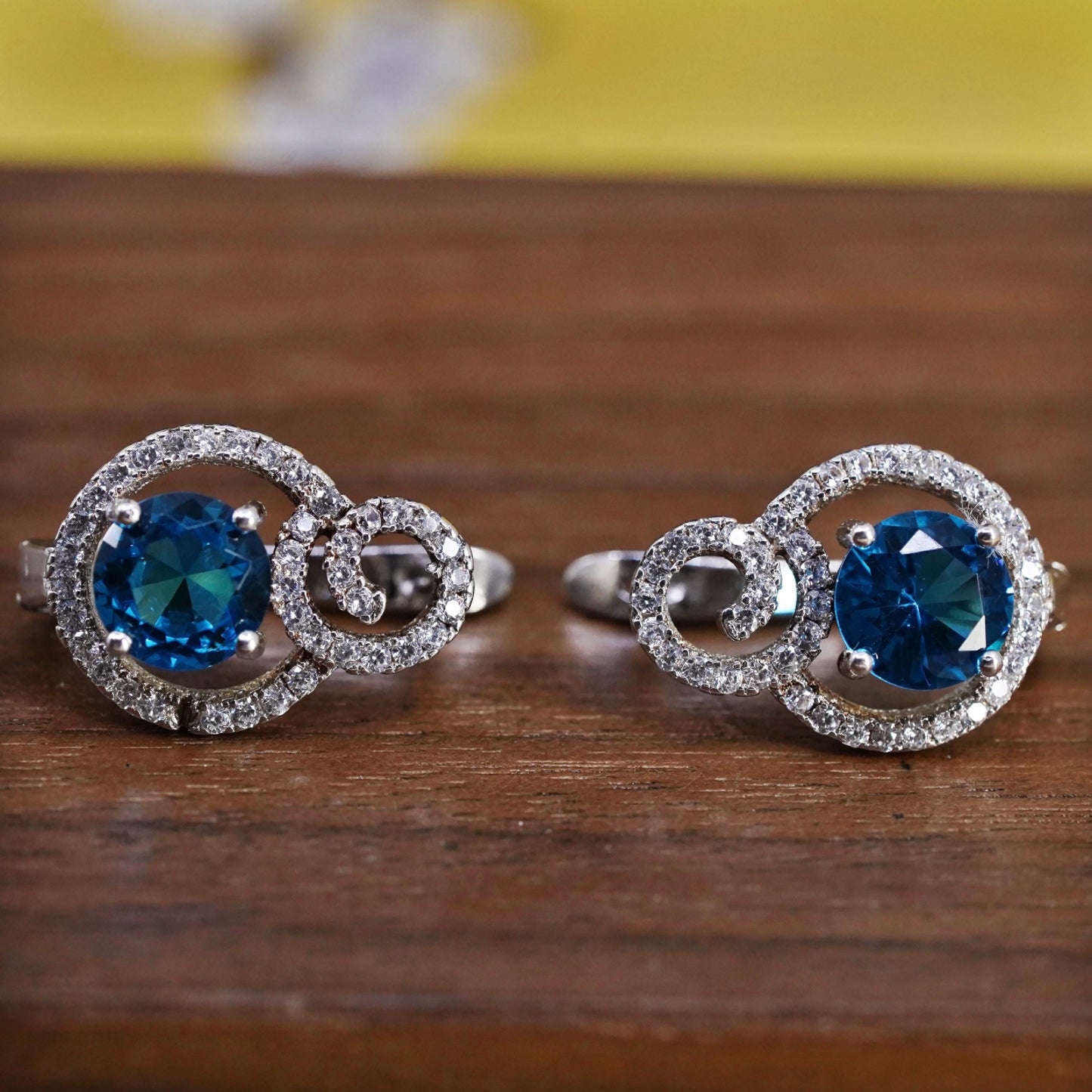 Vintage Sterling silver earrings, 925 Huggie hoops cluster cz blue crystal