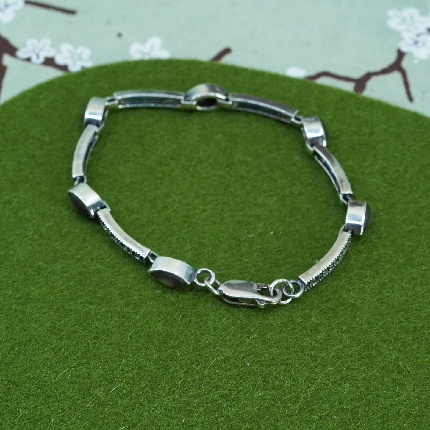 7.5”, sterling 925 silver handmade tennis bracelet with abalone and marcasite