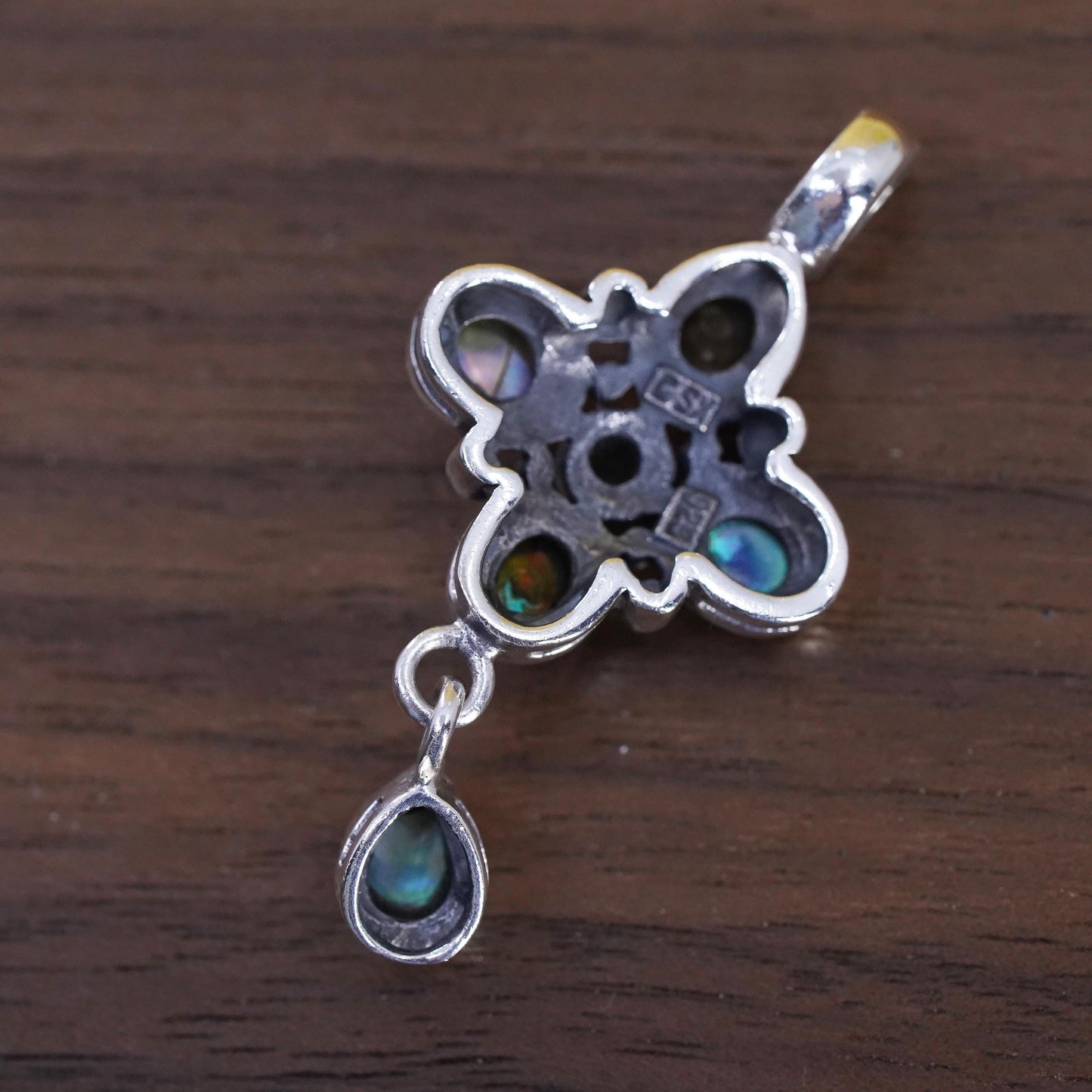 Vintage Sterling 925 silver handmade floral pendant with abalone inlay