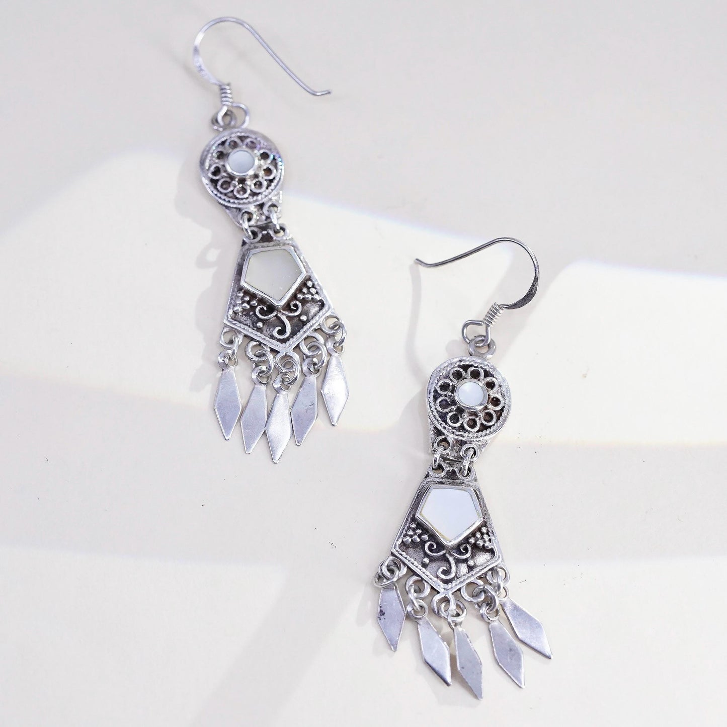 Vintage southwestern 925 Sterling silver earrings mother of pearl inlay fringes