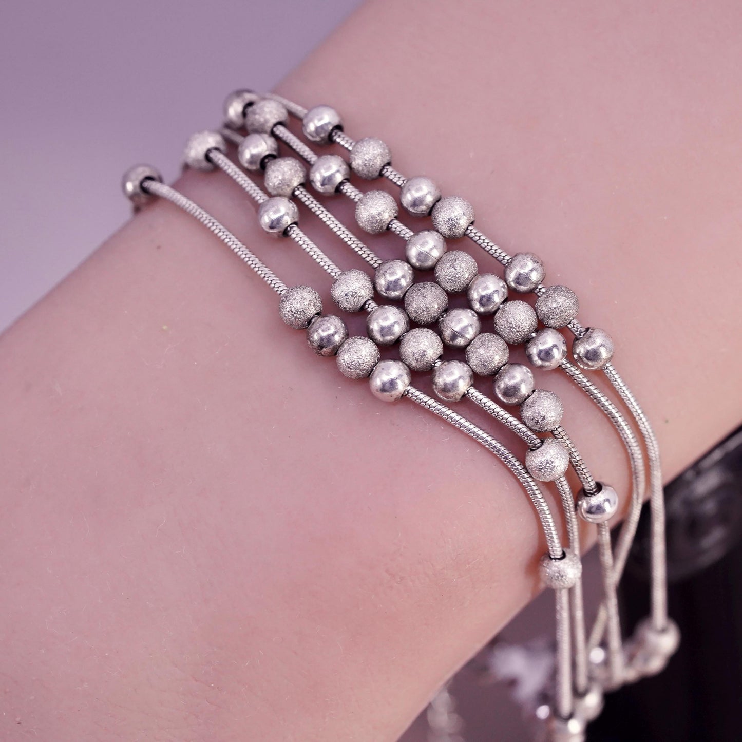 7+2”, vintage Sterling silver bracelet, 925 multi 5 strands snake chains beads
