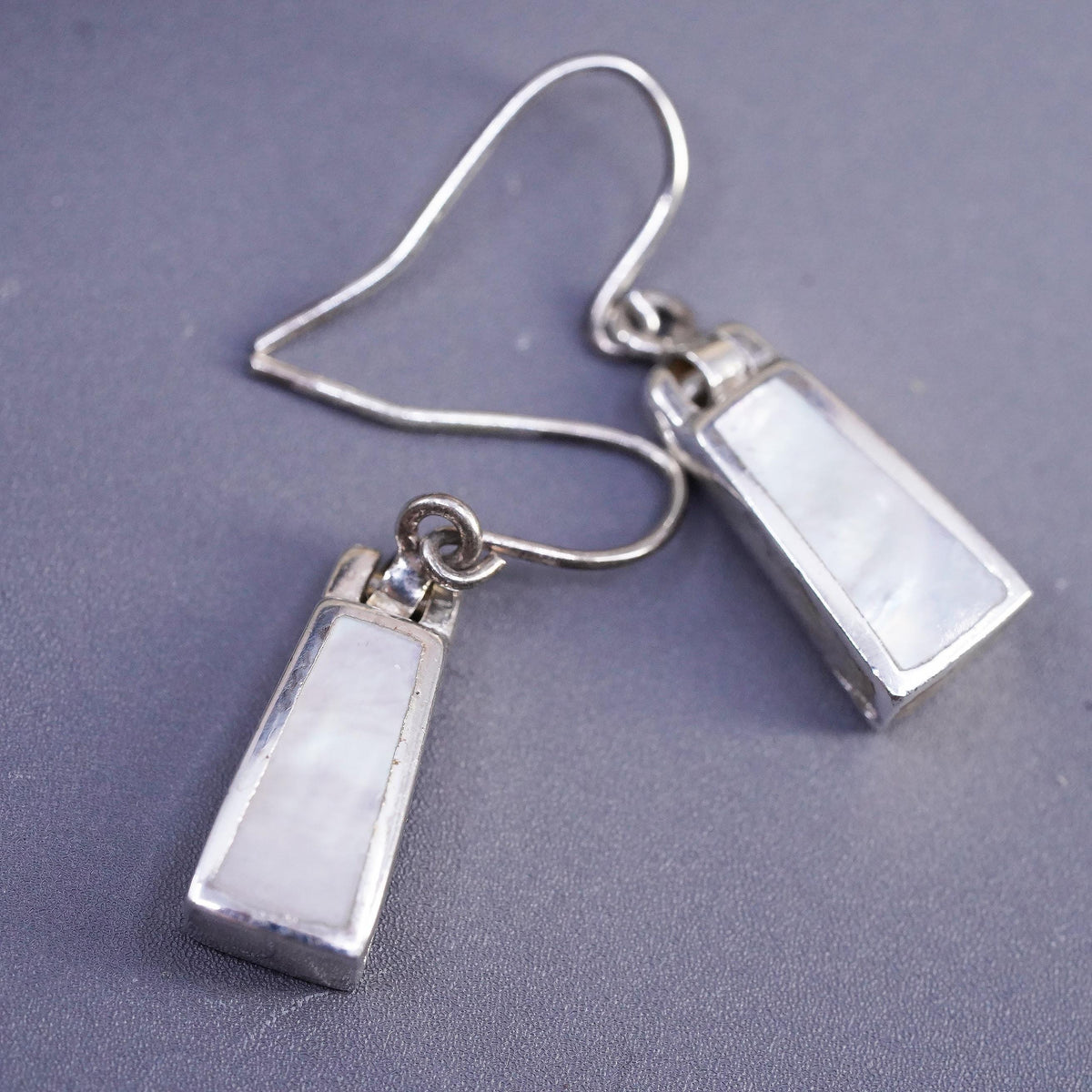 Vintage sterling silver handmade earrings, 925 drops with mother of pearl inlay
