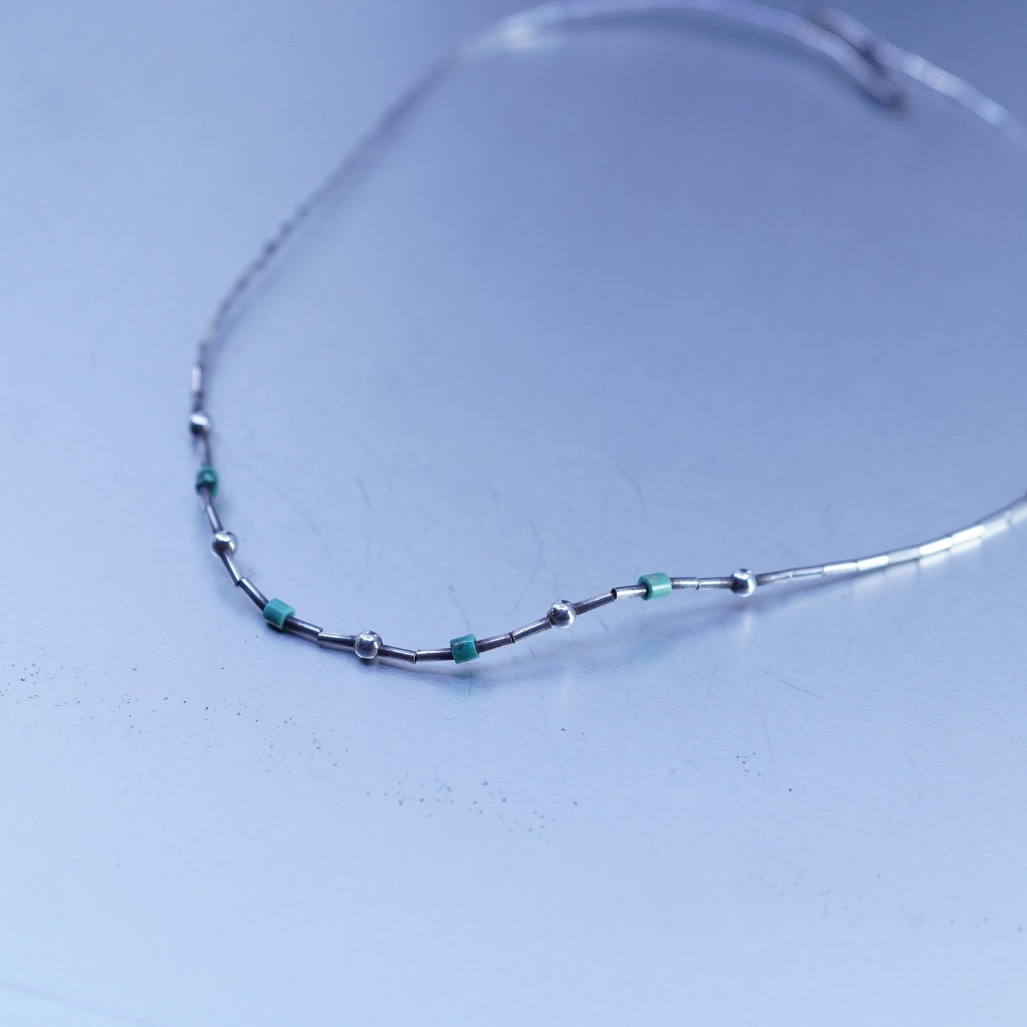 16”, Native American Sterling 925 liquid silver necklace with turquoise beads