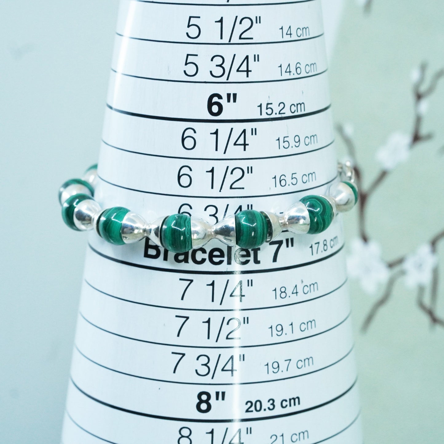 6.75”, VTG Sterling silver handmade bracelet, 925 chain with malachite beads
