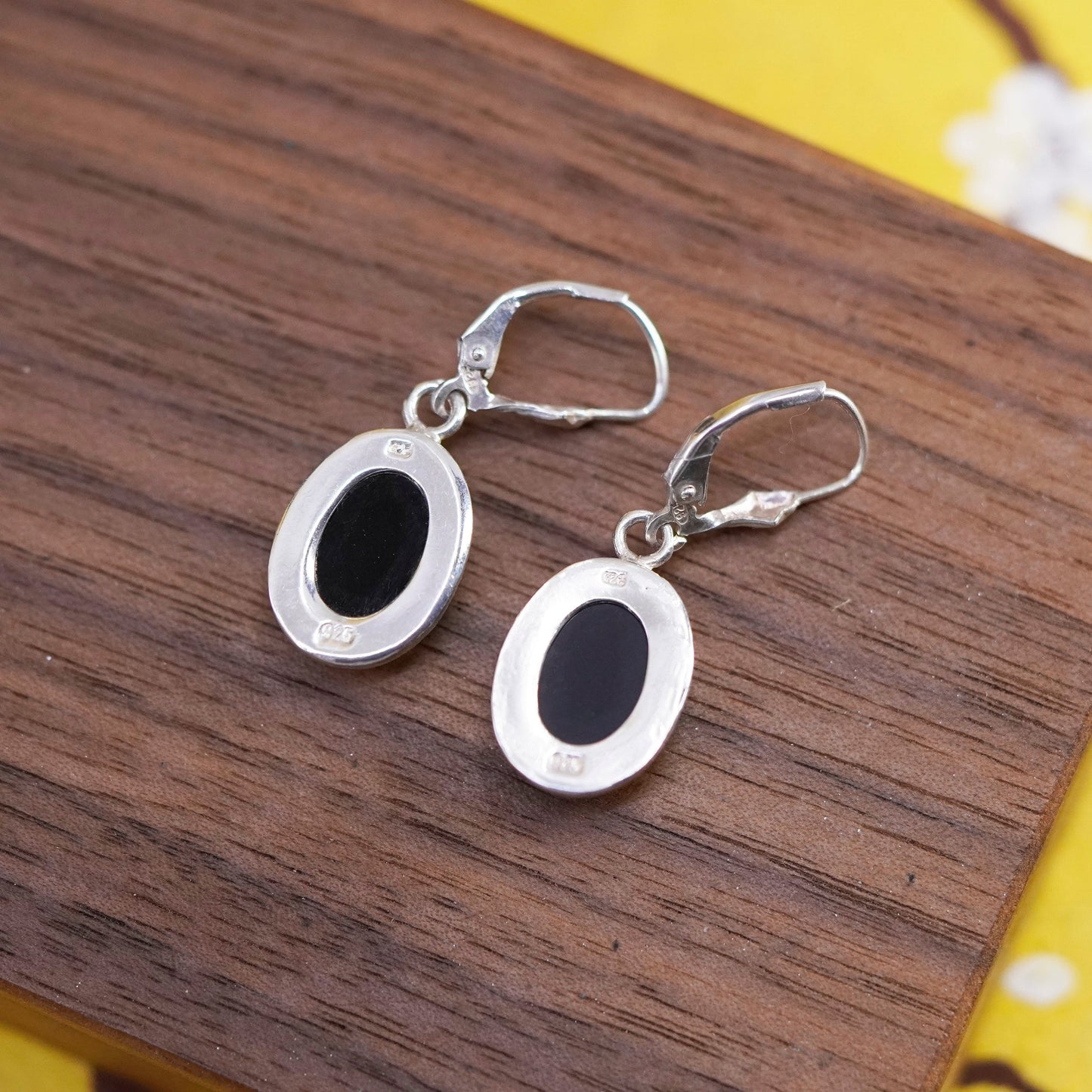 Vintage Sterling 925 silver handmade earrings with oval carved obsidian