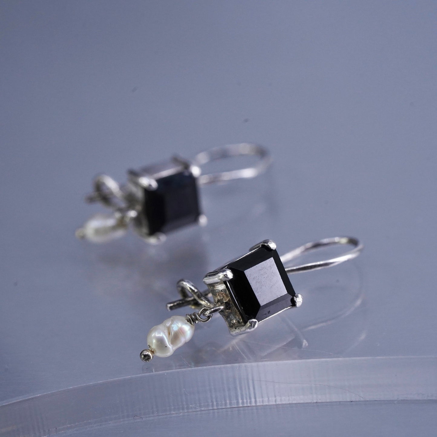 Sterling 925 silver handmade earrings with square obsidian and pearl dangles