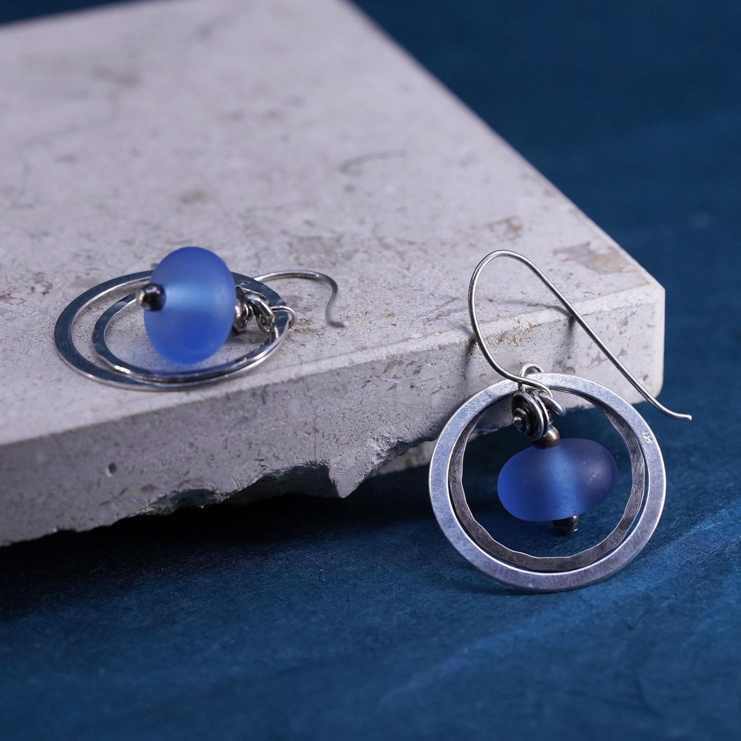 Vintage Sterling 925 silver handmade double circle earrings w/ blue glass bead