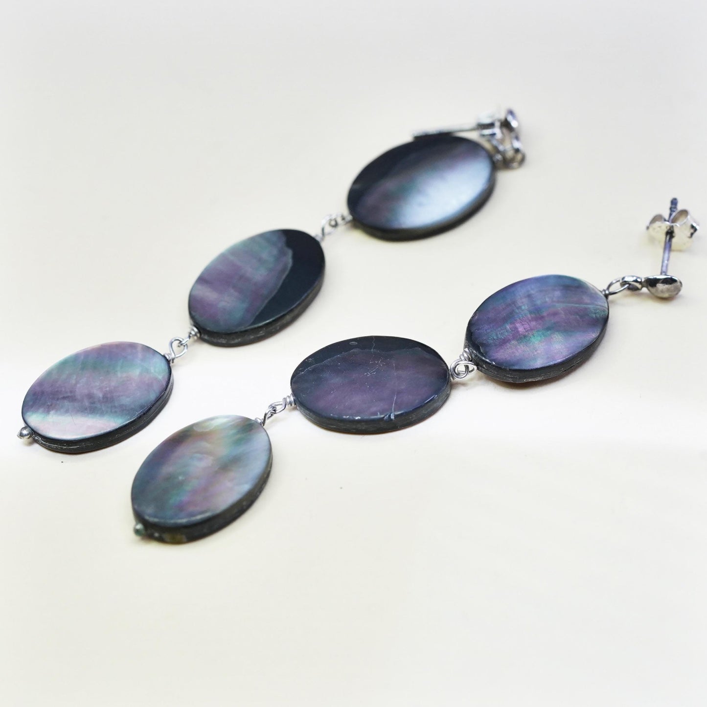 Vintage sterling 925 silver handmade long earrings with oval abalone dangles