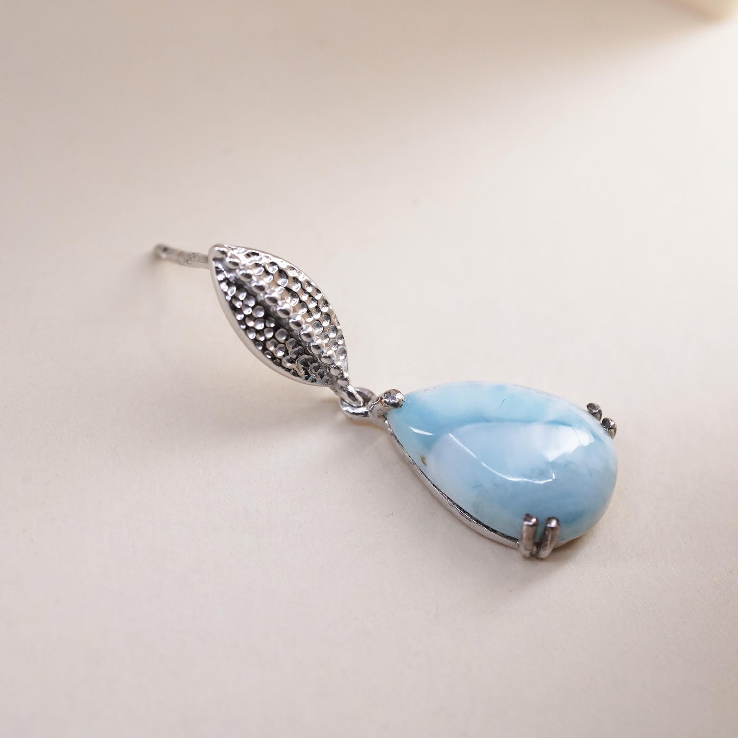 Vintage handmade single earring. Sterling 925 silver teardrop dangle larimar