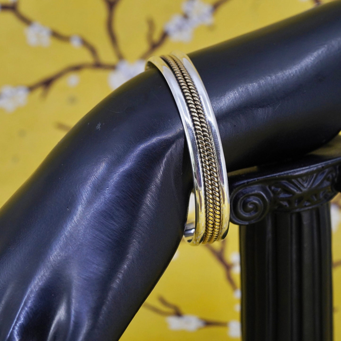 6.5”, two tone Mexican Sterling silver handmade bracelet, 925 cuff brass cable