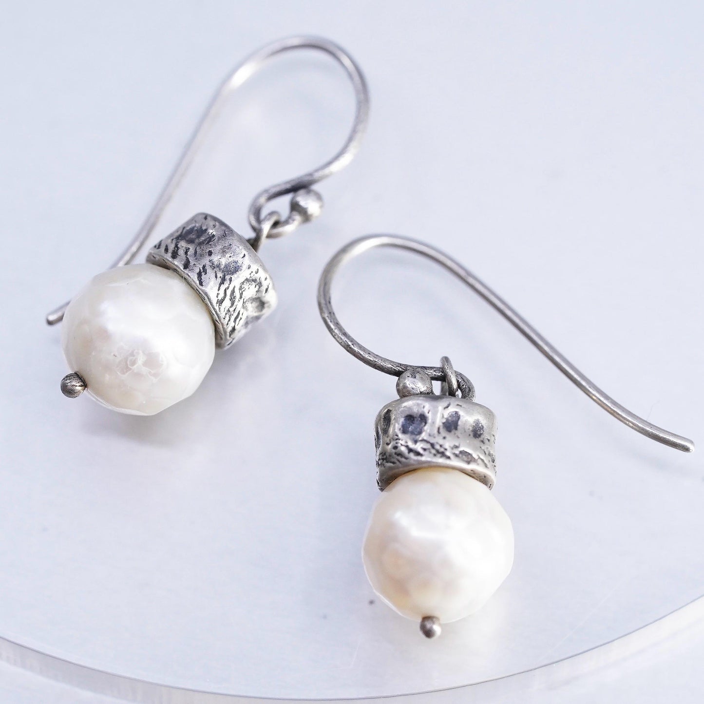 Vintage Sterling Silver Freshwater Pearl Dangle Earrings, Artisan Pearl Drops