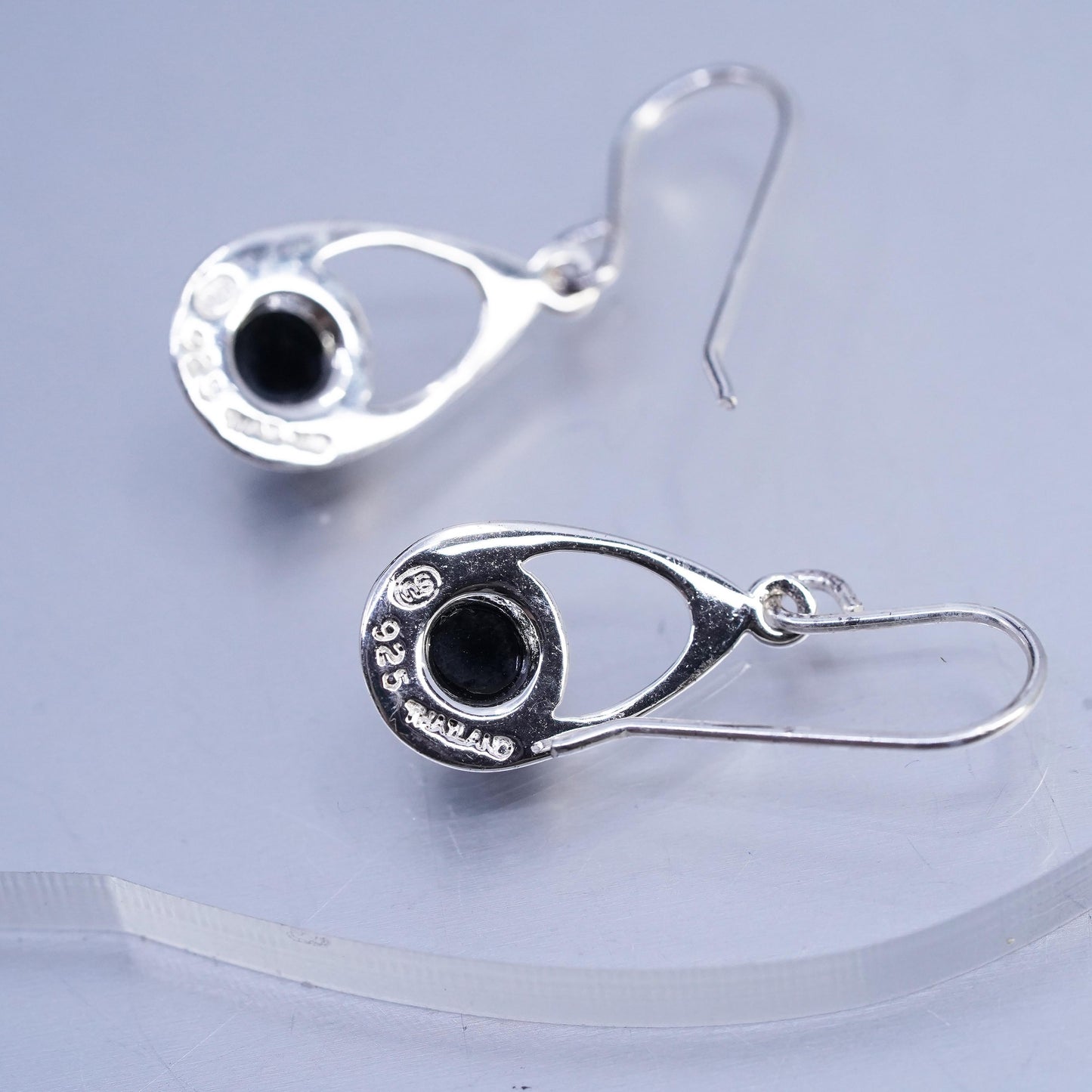 Vintage Sterling 925 silver handmade teardrop earrings with black onyx