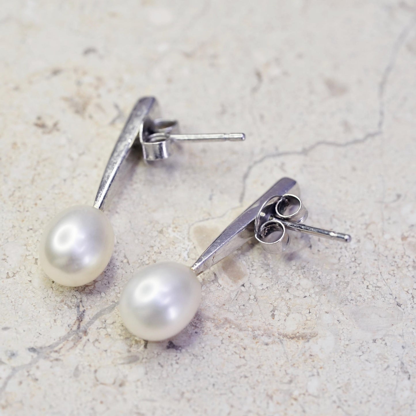 Vintage sterling silver handmade earrings, 925 studs with pearl