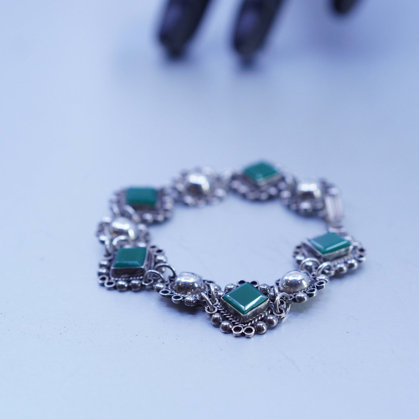 6.75”, Vintage mexico sterling 925 silver handmade bracelet with square jade