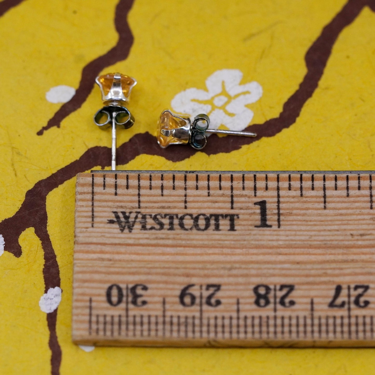 6mm, Vintage Sterling silver handmade earrings, 925 studs with citrine
