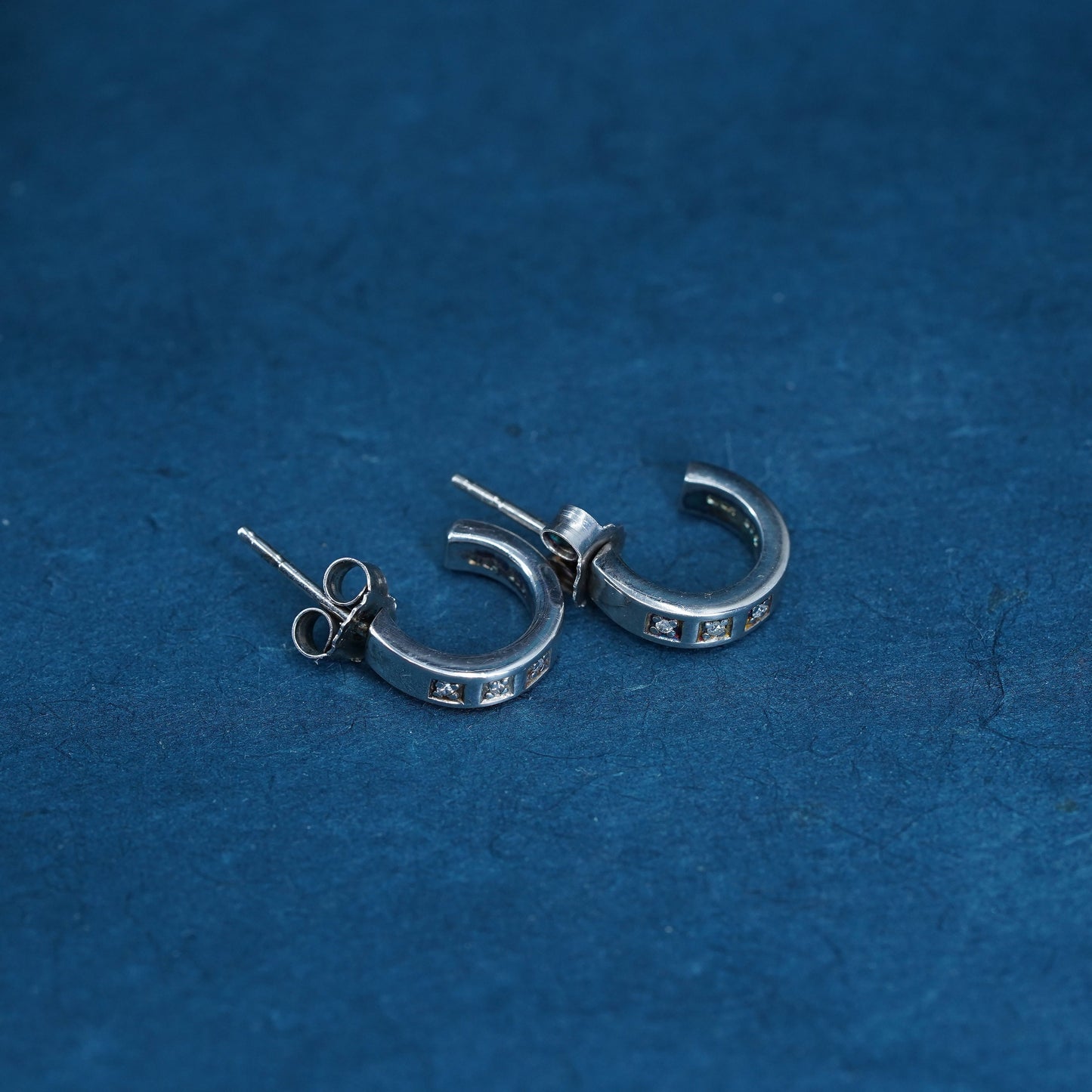 0.5”, Vintage Sterling silver earrings, 925 huggie studs with diamond inlay