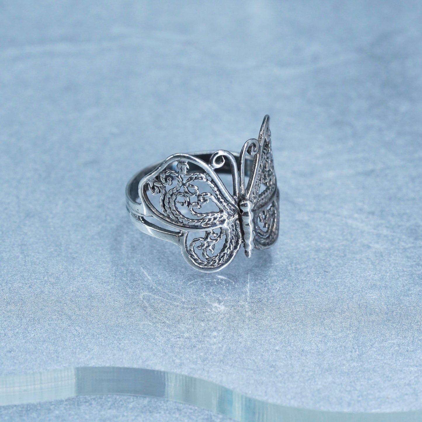 sz 7.5, southwestern Sterling 925 silver handmade ring, filigree butterfly band