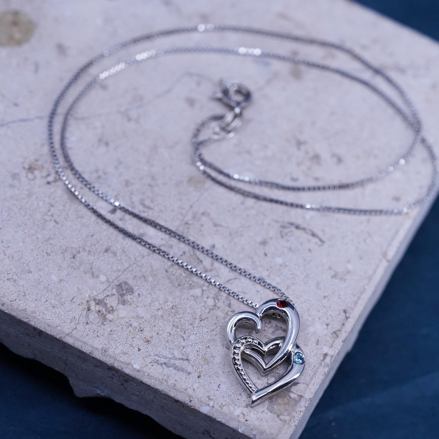 18", Sterling silver necklace, 925 box chain double ruby topaz heart pendant