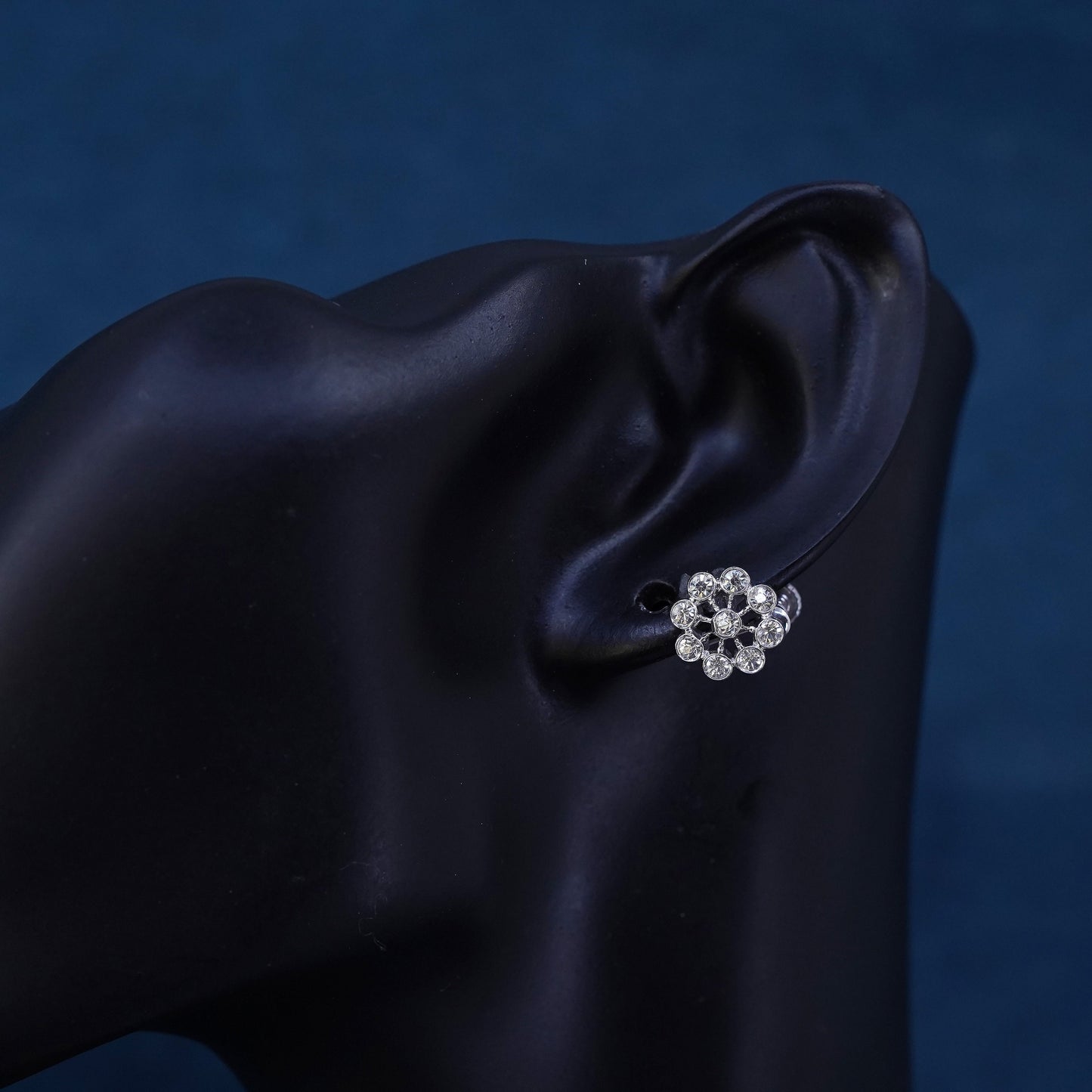 Vintage Sterling 925 silver screw back earrings with rhinestone flower