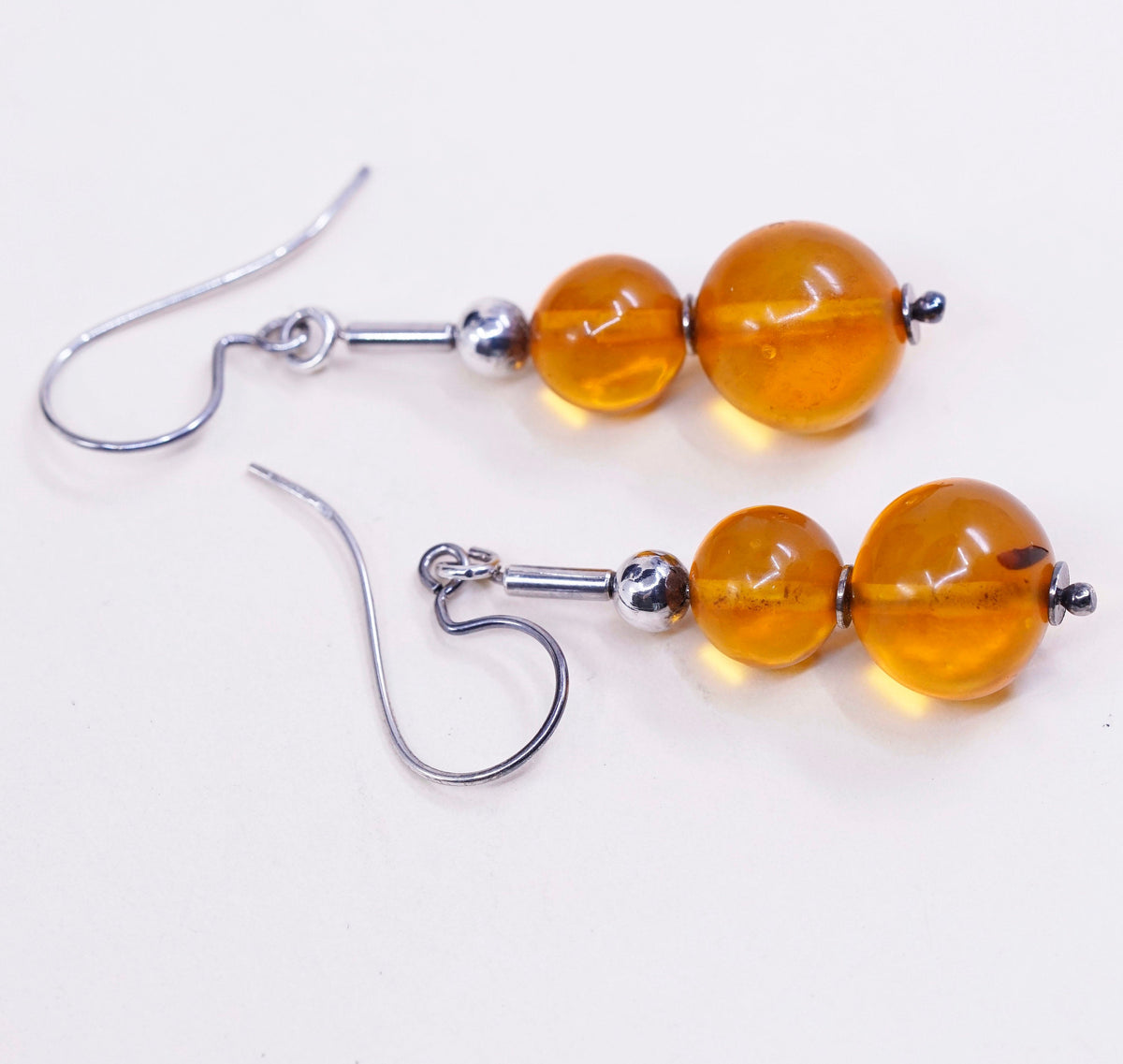 Vintage Sterling 925 silver handmade earrings with amber bead, stamped 925