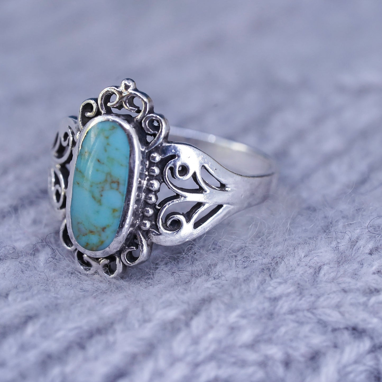 Size 10, vintage Sterling 925 silver handmade ring with turquoise and beads