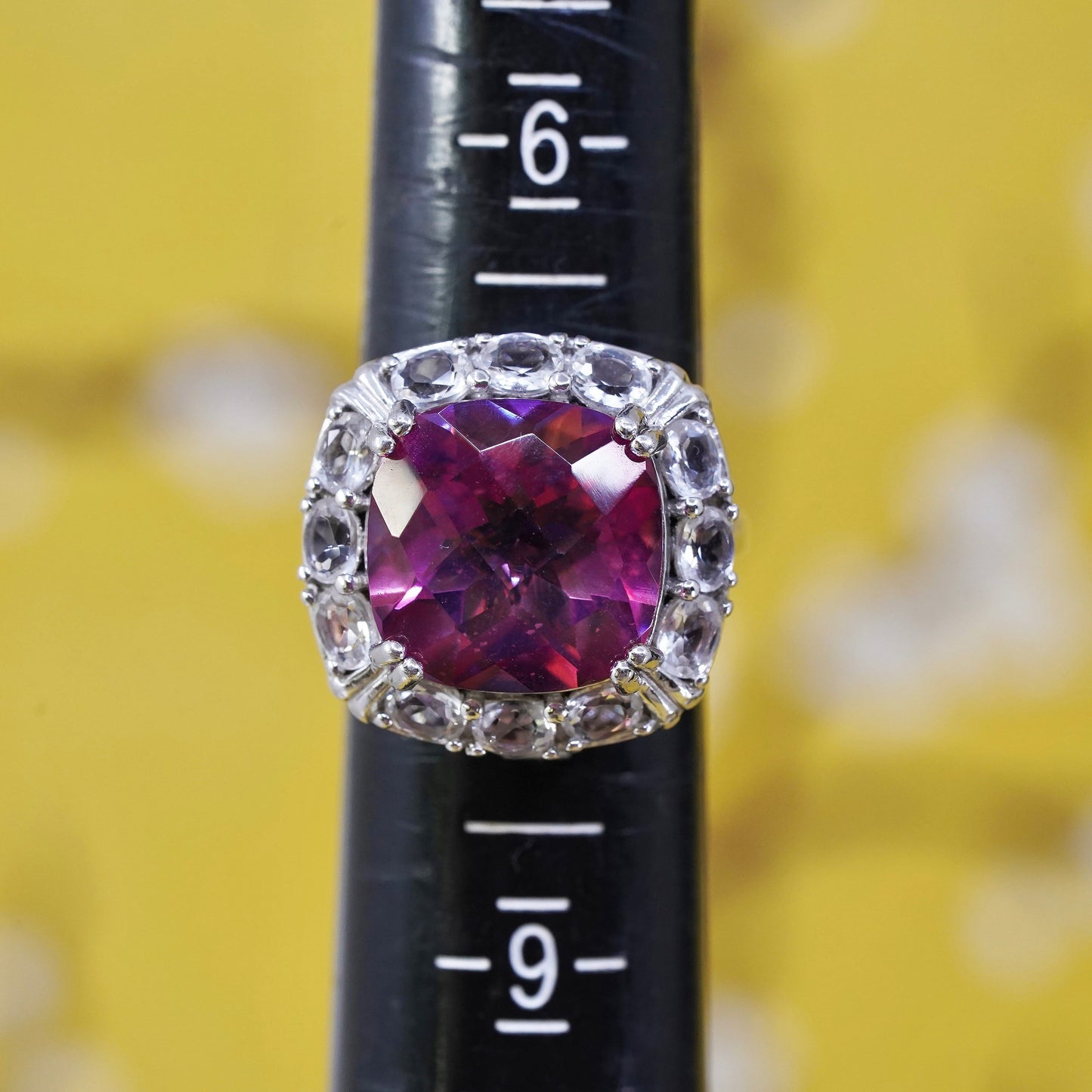 Size 7.75, vintage Sterling 925 silver statement cocktail ring w/ pink crystal