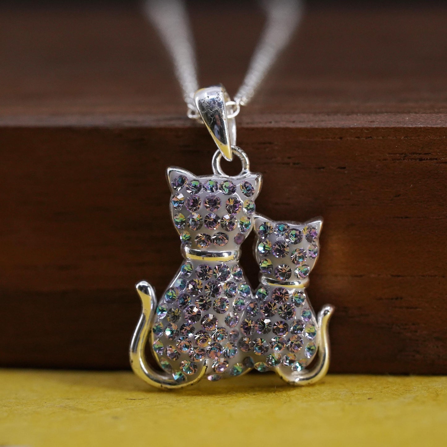 18" Sterling silver necklace motherhood, 925 cluster cz cat mother baby, kitty