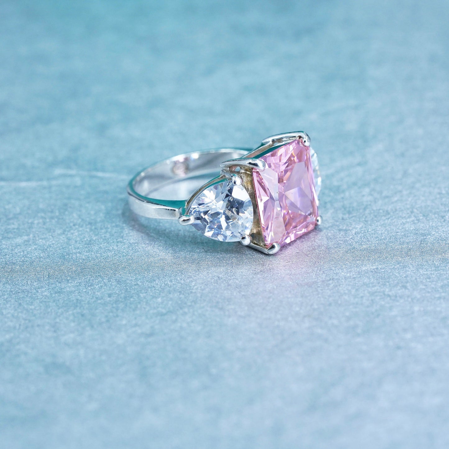 Size 7, vintage Sterling 925 silver handmade ring with rectangular pink Cz