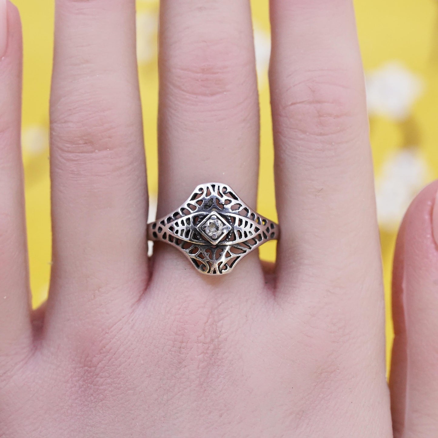 Size 11, vintage Sterling silver handmade ring, 925 filigree band with cz