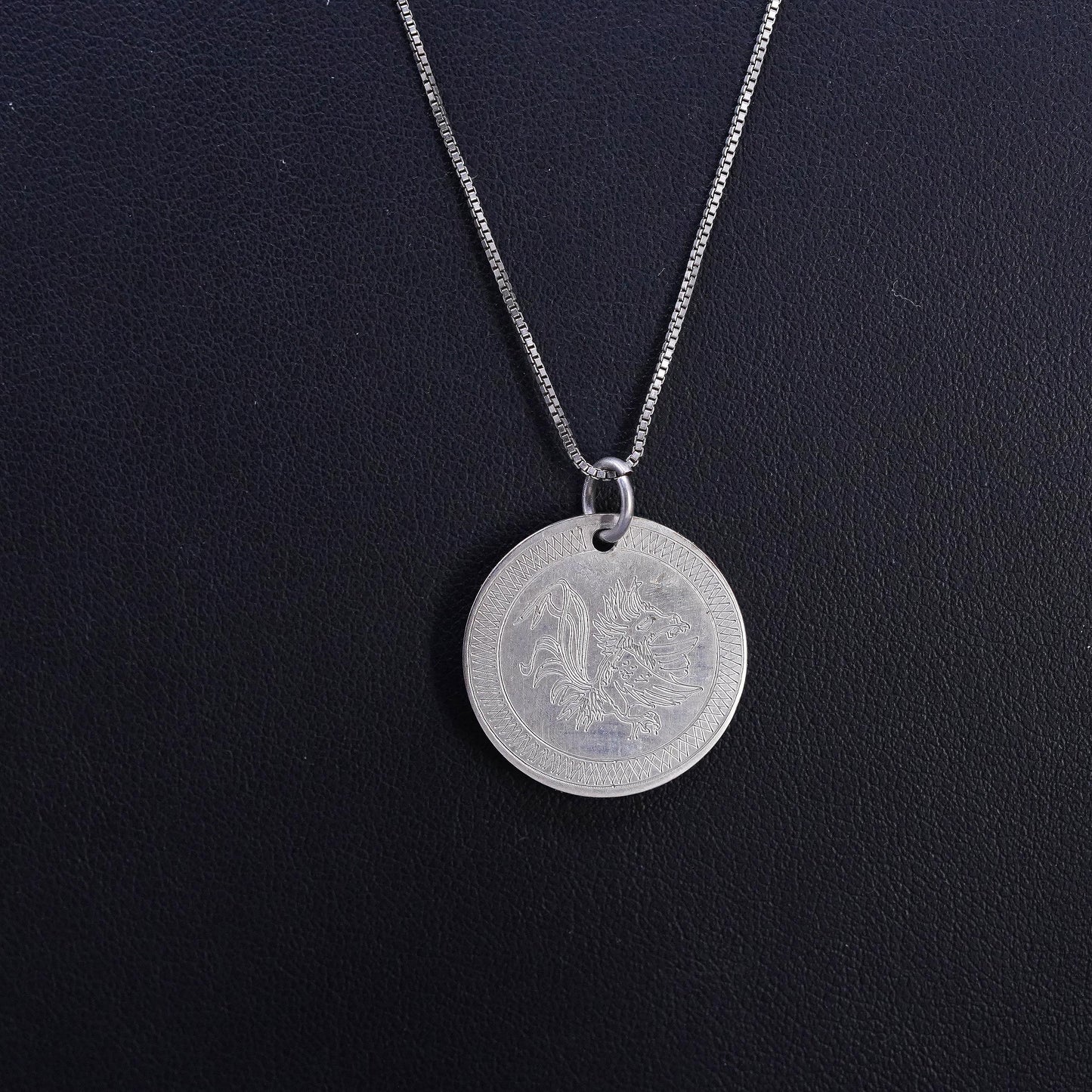 20" Sterling Silver 925 Coin Pendant Necklace Asian Mythical Dragon Medallion
