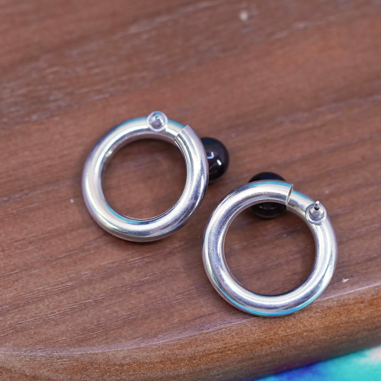 1”, Sterling silver handmade circle earrings, 925 circle studs with onyx bead