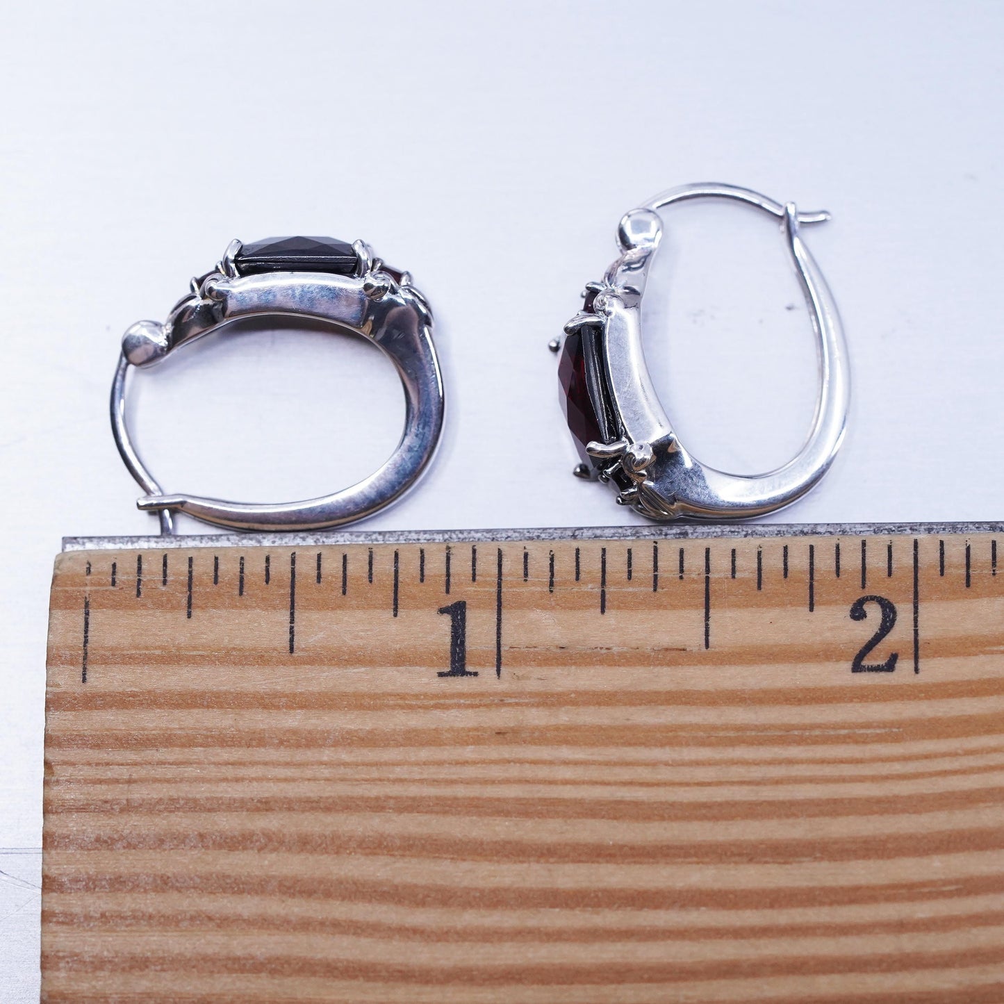 0.75”, vintage fashionable Sterling silver earrings, 925 Huggie hoops garnet
