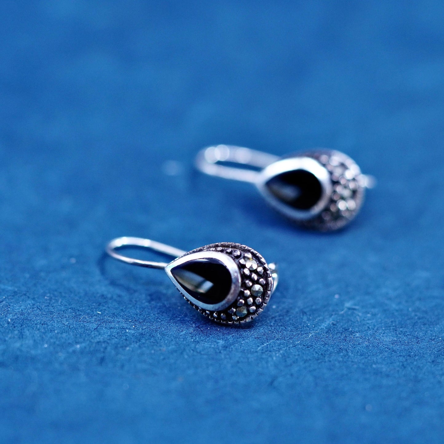 sterling 925 silver handmade teardrop earrings with obsidian and marcasite