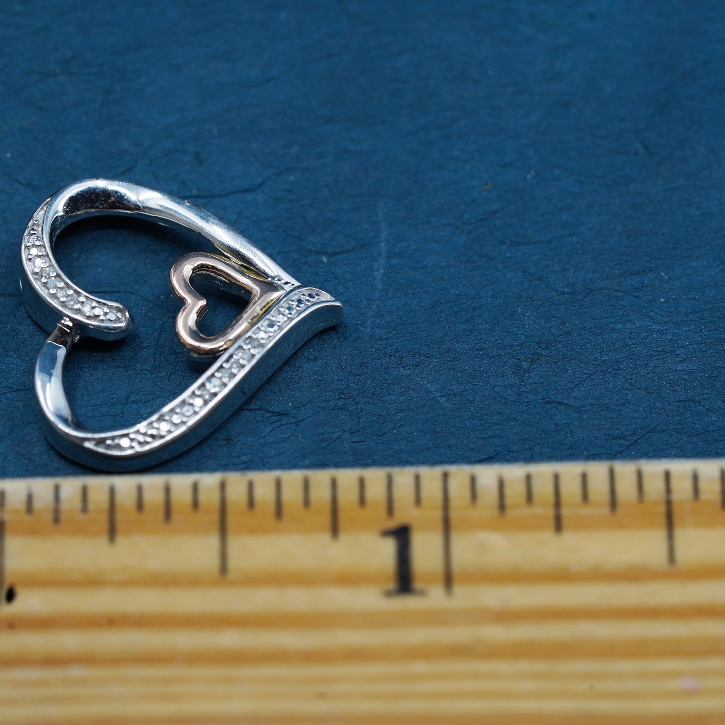 two tone Sterling 925 silver teardrop pendant 10K heart and genuine diamond